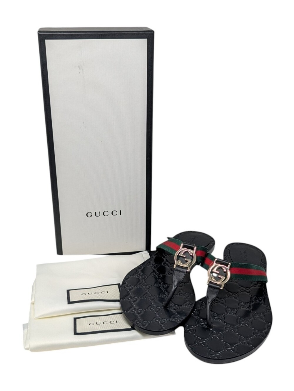 NIB Gucci Lifford Black Thong Gold Logo GG Embossed Sandals Size EU 39